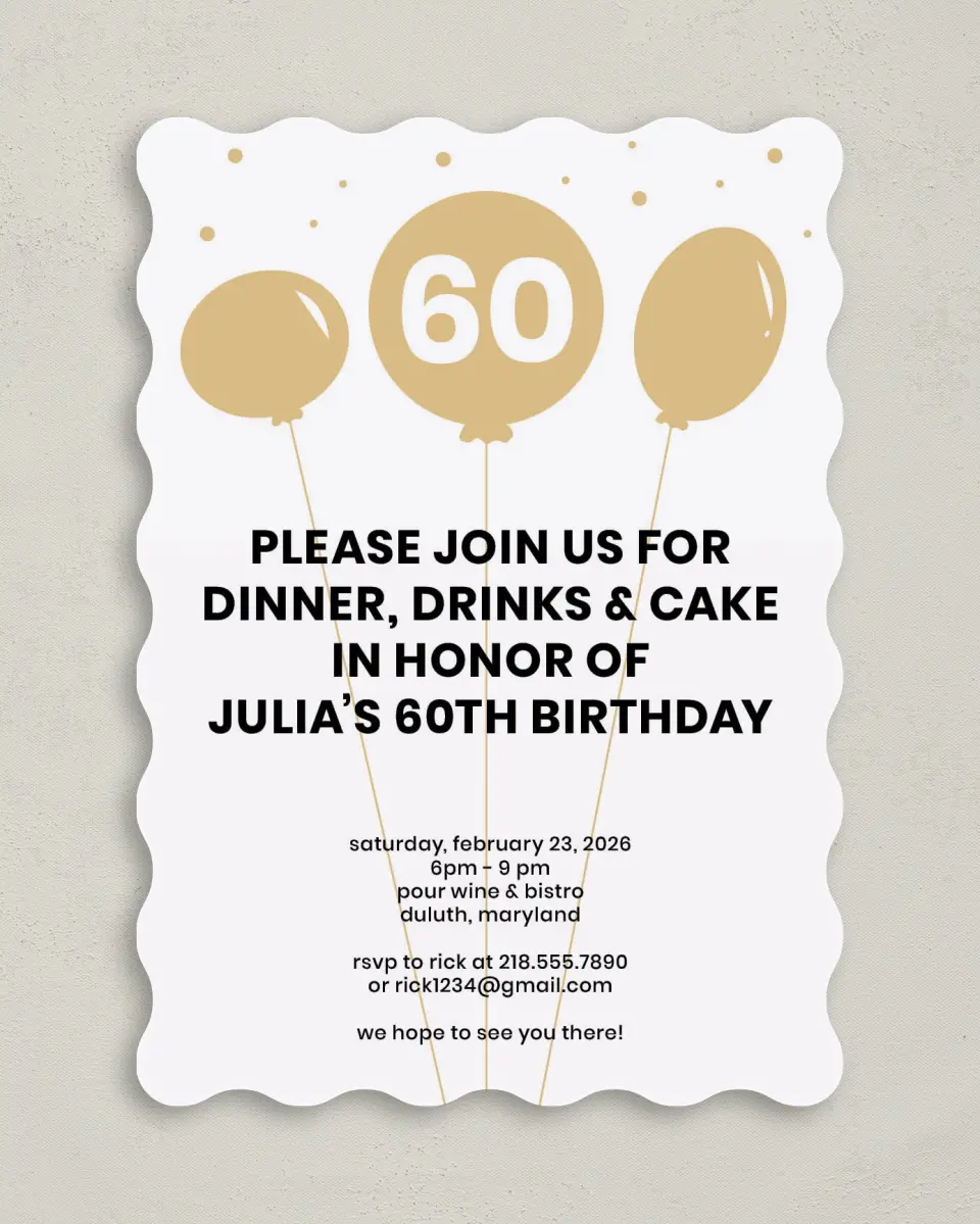 This is a 5" x 7" Birthday Party Invitation called Sixty Wishes printed in full color on Premium Smooth paper