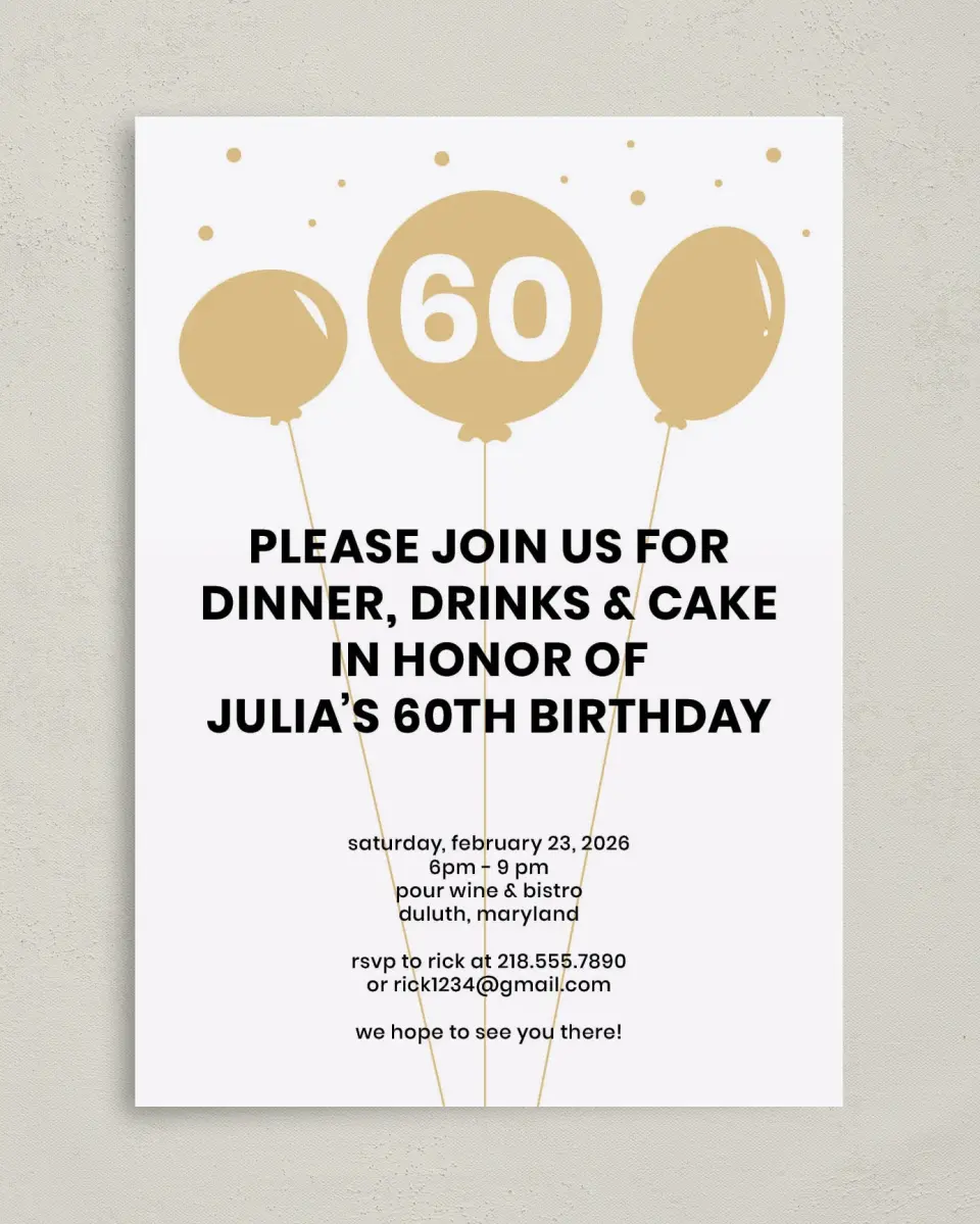 This is a 5" x 7" Birthday Party Invitation called Sixty Wishes printed in full color on Premium Smooth paper