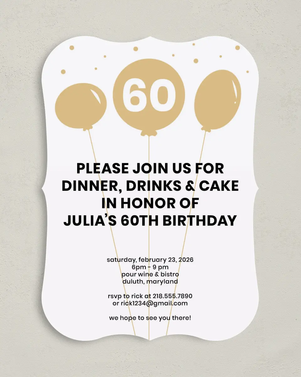 This is a 5" x 7" Birthday Party Invitation called Sixty Wishes printed in full color with Gold foil on Luxe Satin (coated) paper