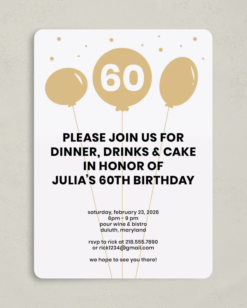 This is a 5" x 7" Birthday Party Invitation called Sixty Wishes printed in full color with Gold foil on Luxe Satin (coated) paper