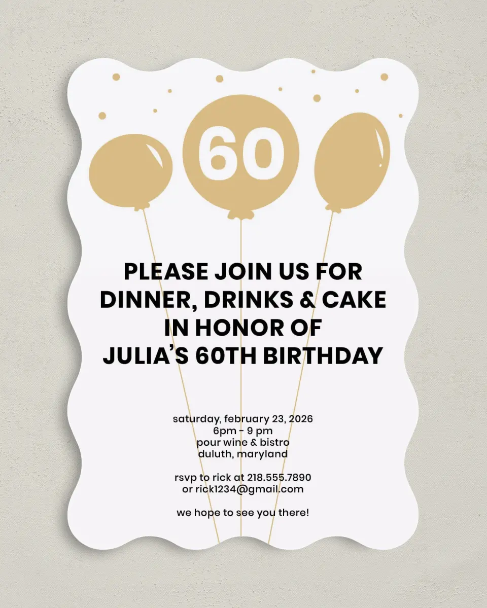 This is a 5" x 7" Birthday Party Invitation called Sixty Wishes printed in full color on Premium Smooth paper