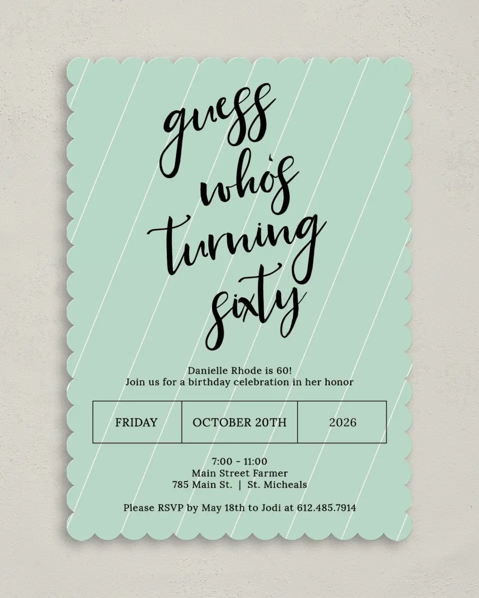 This is a 5" x 7" Birthday Party Invitation called Turning 60! printed in full color on Premium Smooth paper