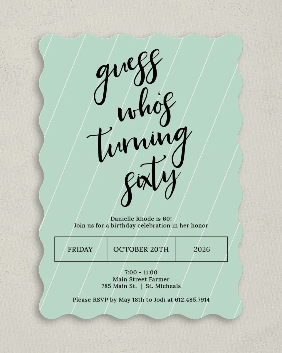 This is a 5" x 7" Birthday Party Invitation called Turning 60! printed in full color on Premium Smooth paper