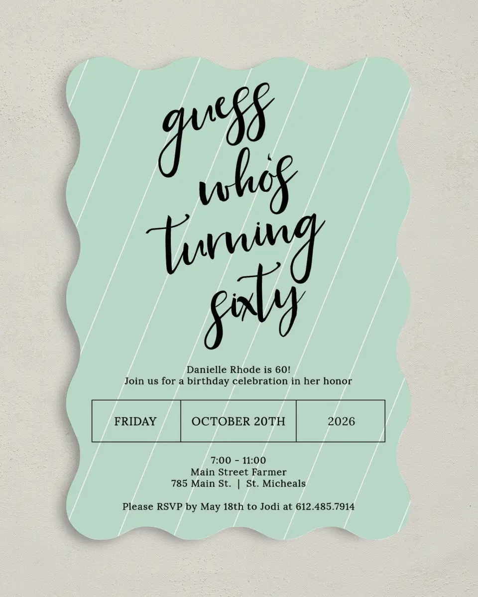 This is a 5" x 7" Birthday Party Invitation called Turning 60! printed in full color on Premium Smooth paper