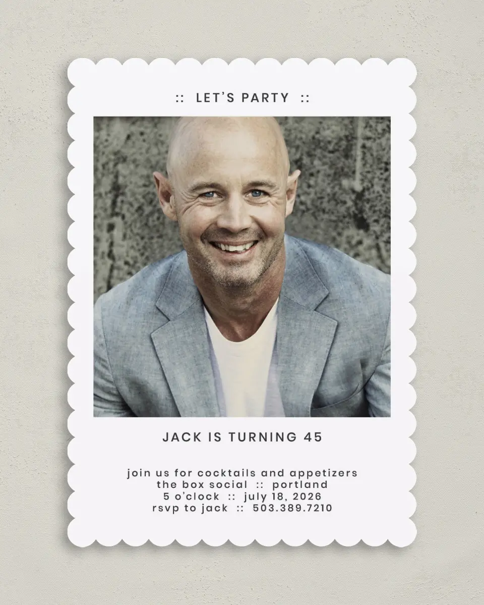 This is a 5" x 7" Birthday Party Invitation called Birthday Social printed in full color on Premium Smooth paper