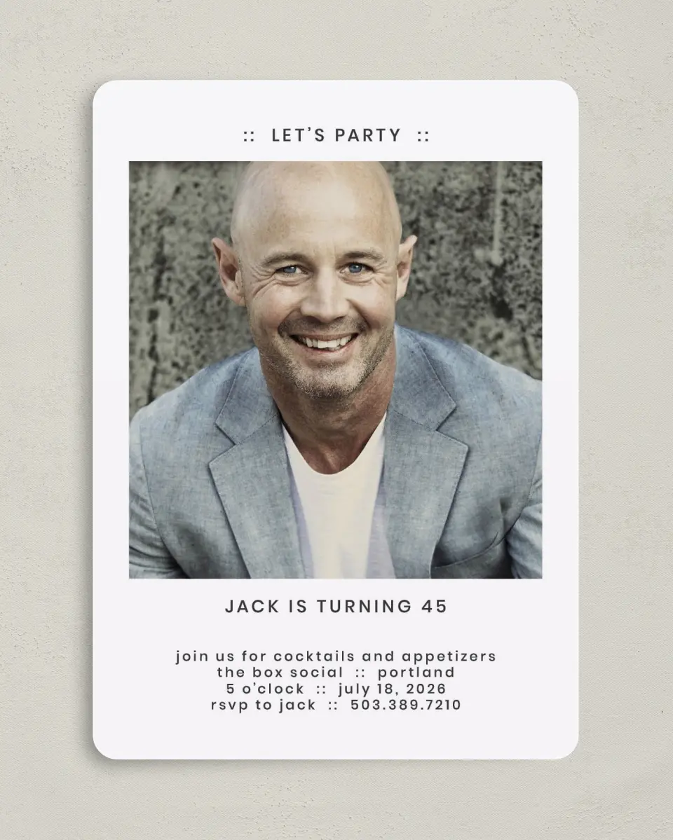 This is a 5" x 7" Birthday Party Invitation called Birthday Social printed in full color on Premium Smooth paper
