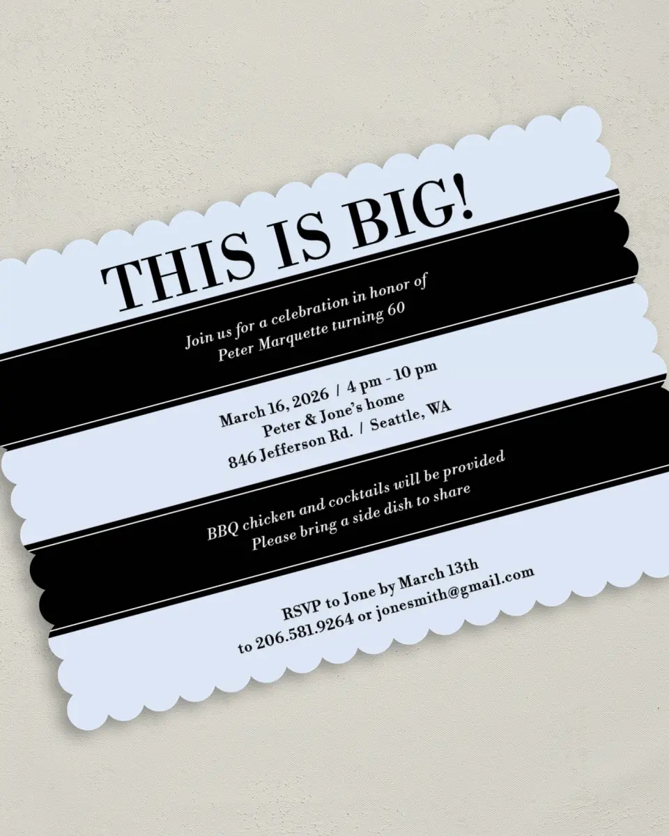 This is a 5" x 7" Birthday Party Invitation called This Is Big! printed in full color on Premium Smooth paper