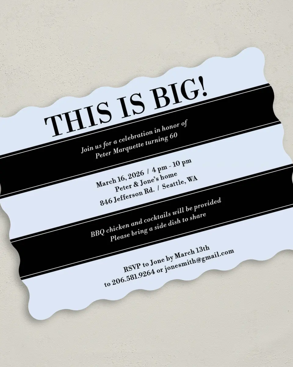 This is a 5" x 7" Birthday Party Invitation called This Is Big! printed in full color on Premium Smooth paper