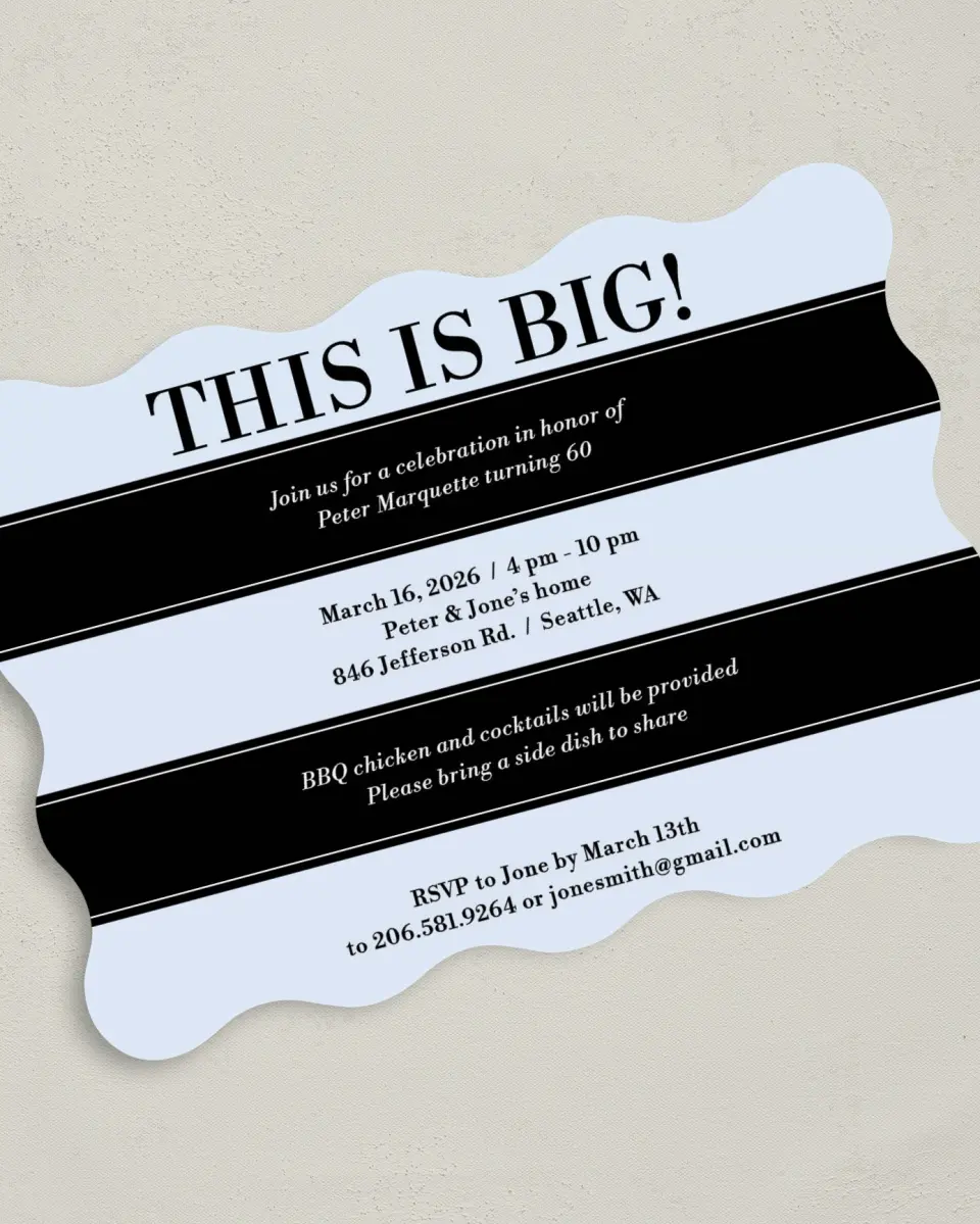 This is a 5" x 7" Birthday Party Invitation called This Is Big! printed in full color on Premium Smooth paper