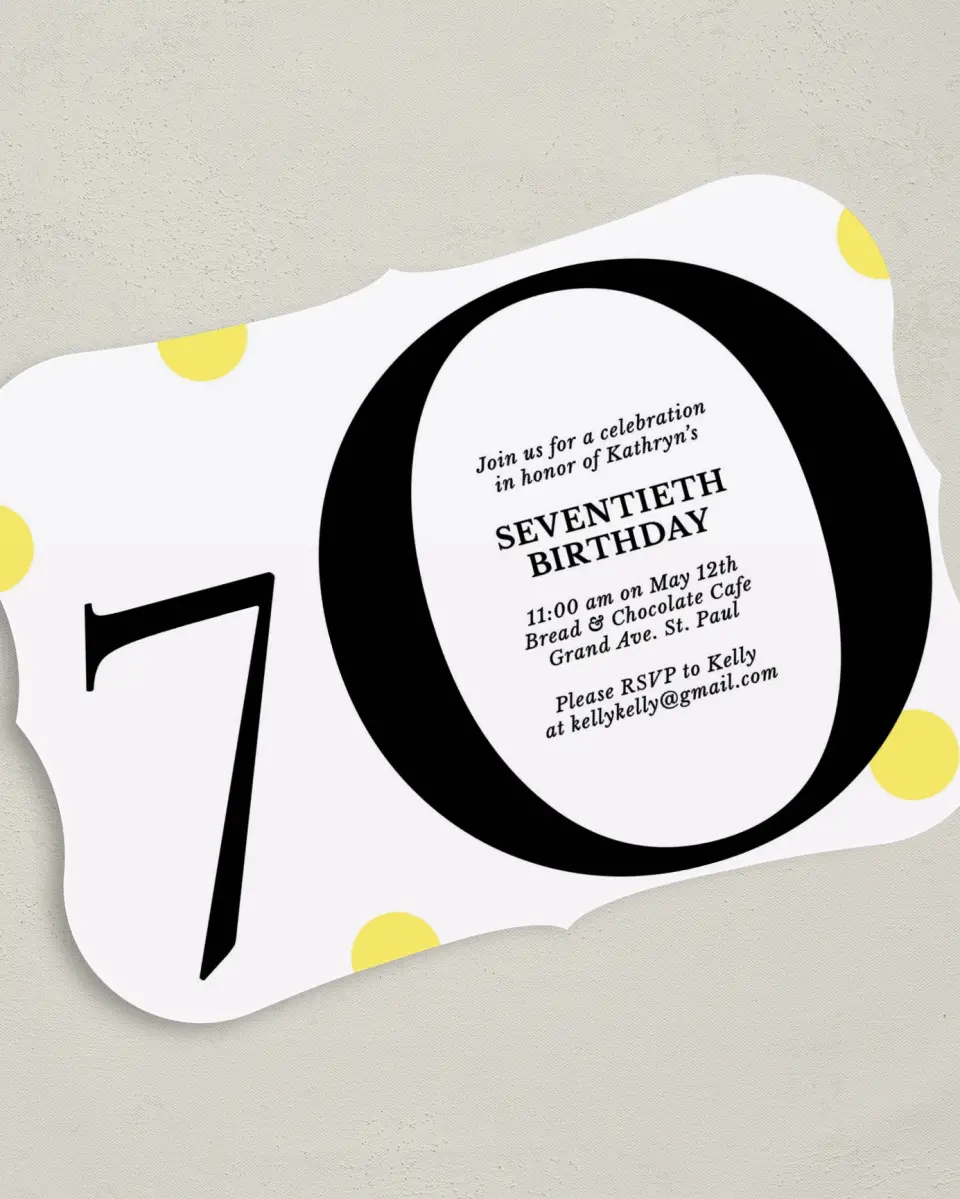 This is a 5" x 7" Birthday Party Invitation called Seven Oh! printed in full color on Premium Smooth paper