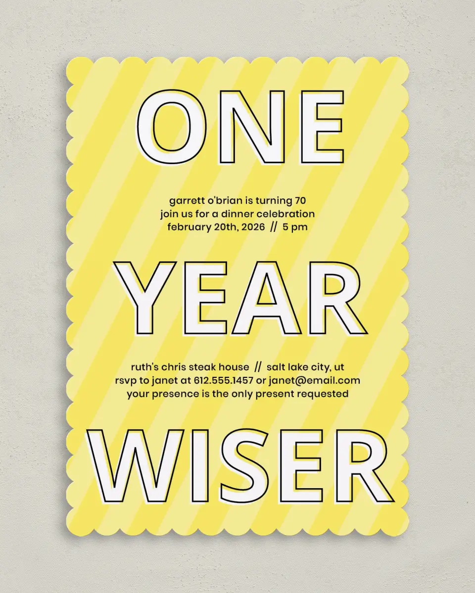 This is a 5" x 7" Birthday Party Invitation called One Year Wiser! printed in full color on Premium Smooth paper