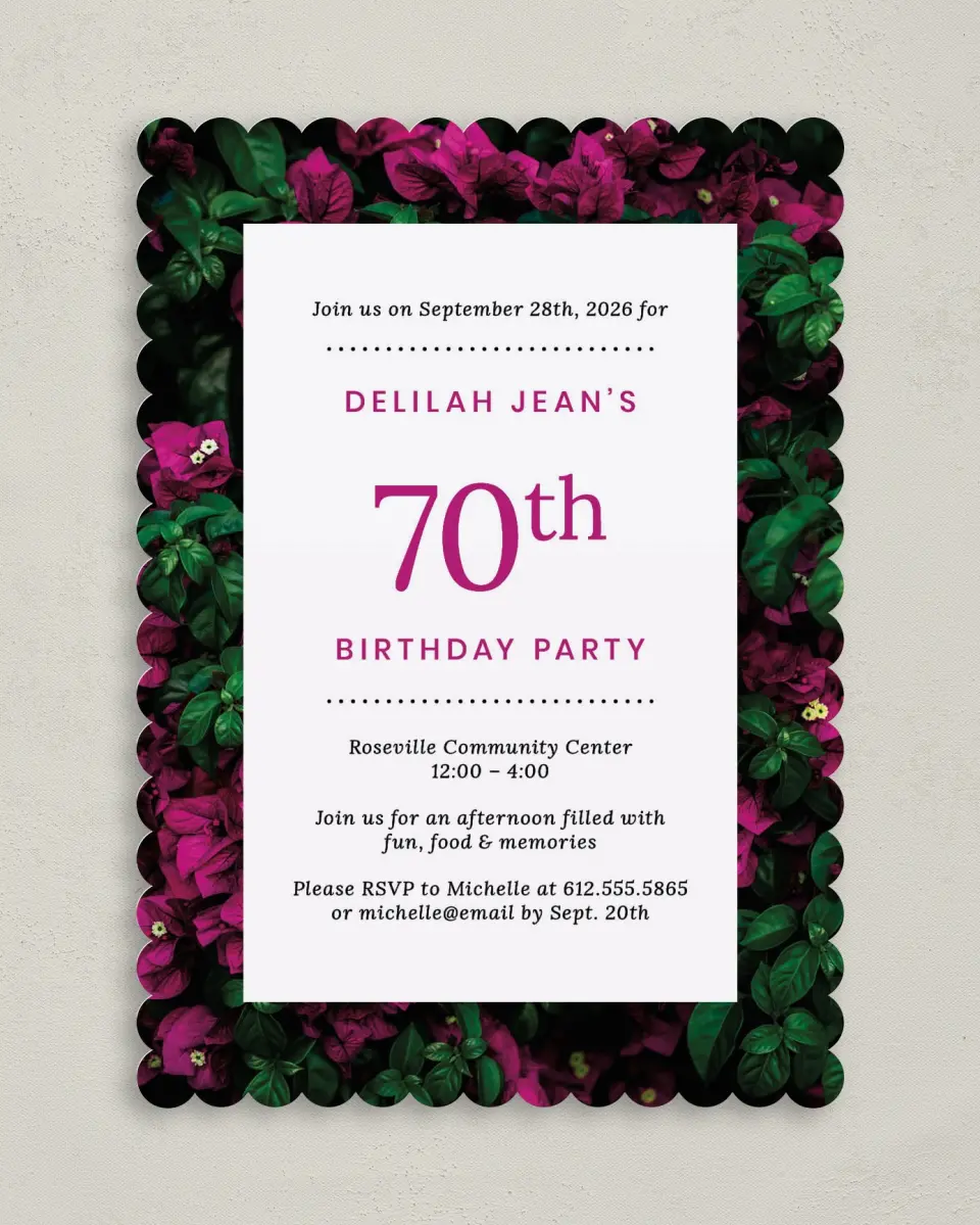 This is a 5" x 7" Birthday Party Invitation called Sweet Seventy printed in full color on Premium Smooth paper