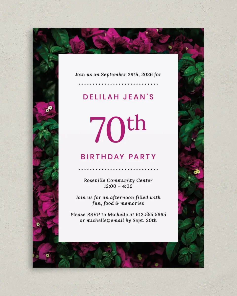 This is a 5" x 7" Birthday Party Invitation called Sweet Seventy printed in full color on Premium Smooth paper