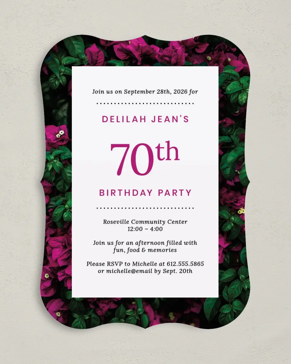 This is a 5" x 7" Birthday Party Invitation called Sweet Seventy printed in full color with Gold foil on Luxe Satin (coated) paper