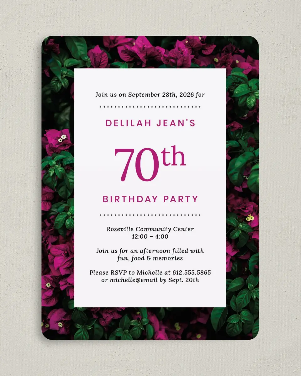This is a 5" x 7" Birthday Party Invitation called Sweet Seventy printed in full color with Gold foil on Luxe Satin (coated) paper