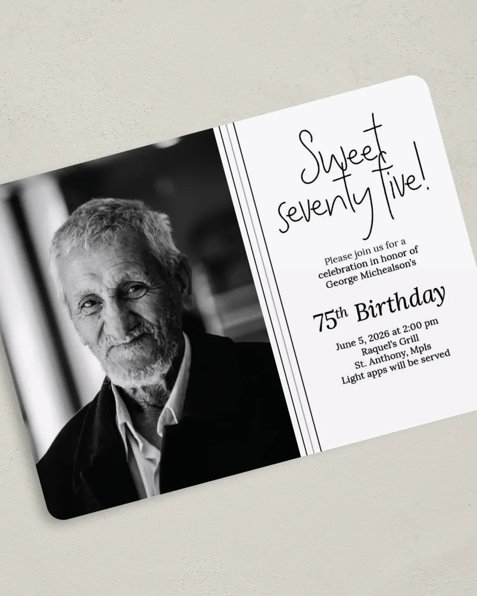 This is a 5" x 7" Birthday Party Invitation called Life of Joy printed in full color with Gold foil on Luxe Satin (coated) paper