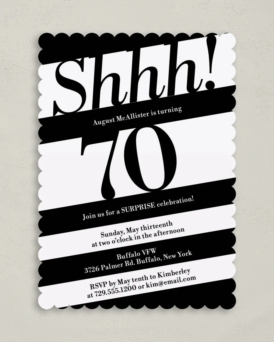 This is a 5" x 7" Birthday Party Invitation called Shhh! Surprise printed in full color on Premium Smooth paper