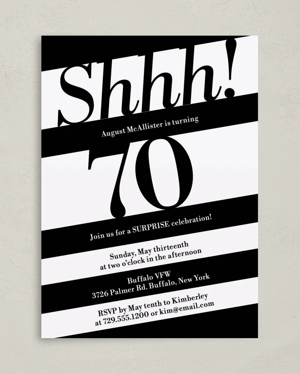 This is a 5" x 7" Birthday Party Invitation called Shhh! Surprise printed in full color on Premium Smooth paper