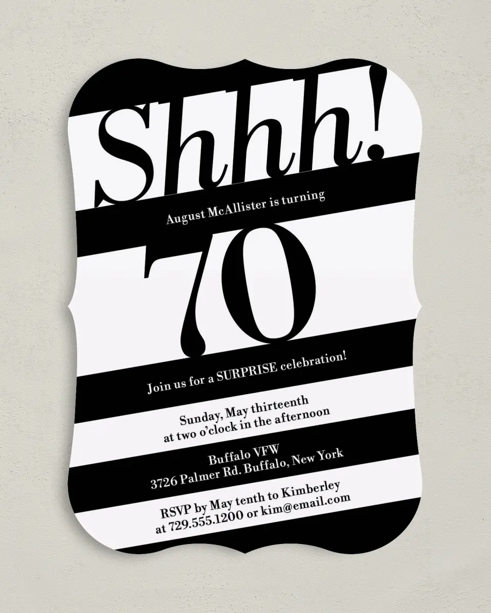 This is a 5" x 7" Birthday Party Invitation called Shhh! Surprise printed in full color on Premium Smooth paper