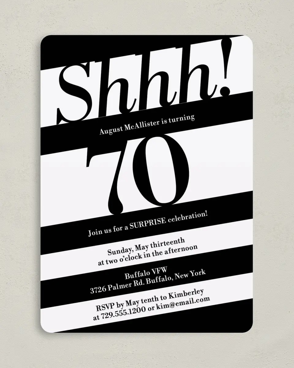 This is a 5" x 7" Birthday Party Invitation called Shhh! Surprise printed in full color with Gold foil on Luxe Satin (coated) paper