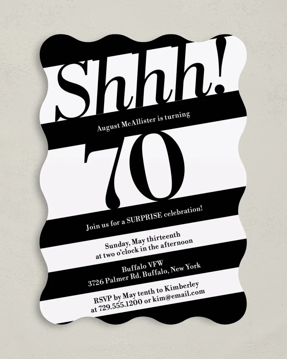 This is a 5" x 7" Birthday Party Invitation called Shhh! Surprise printed in full color on Premium Smooth paper