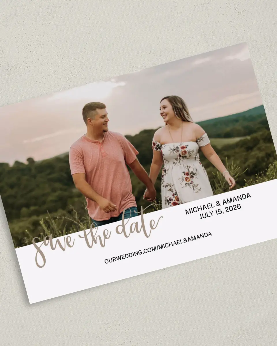 This is a 5" x 7" Save the Date Card called Delightful Day printed in full color on Premium Smooth paper