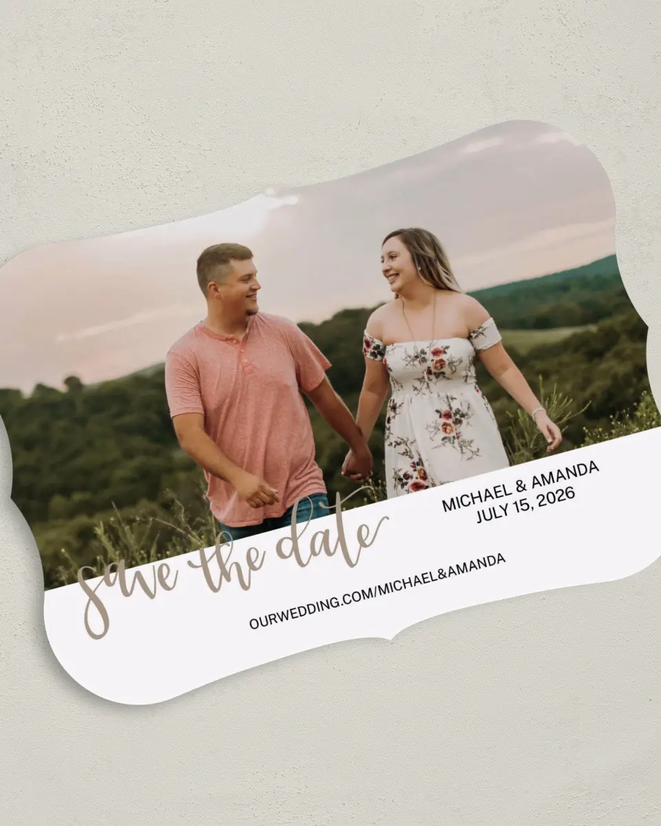 This is a 5" x 7" Save the Date Card called Delightful Day printed in full color on Premium Smooth paper
