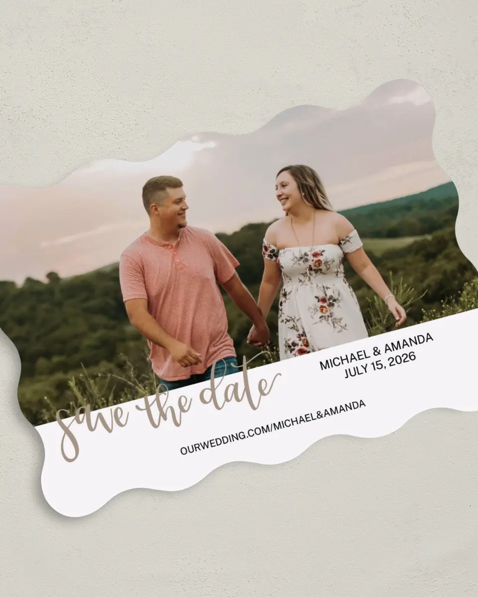 This is a 5" x 7" Save the Date Card called Delightful Day printed in full color on Premium Smooth paper