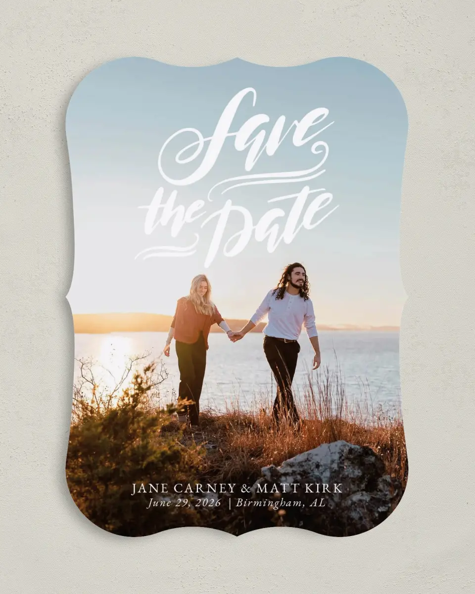 This is a 5" x 7" Save the Date Card called Rooftop Romance printed in full color on Premium Smooth paper
