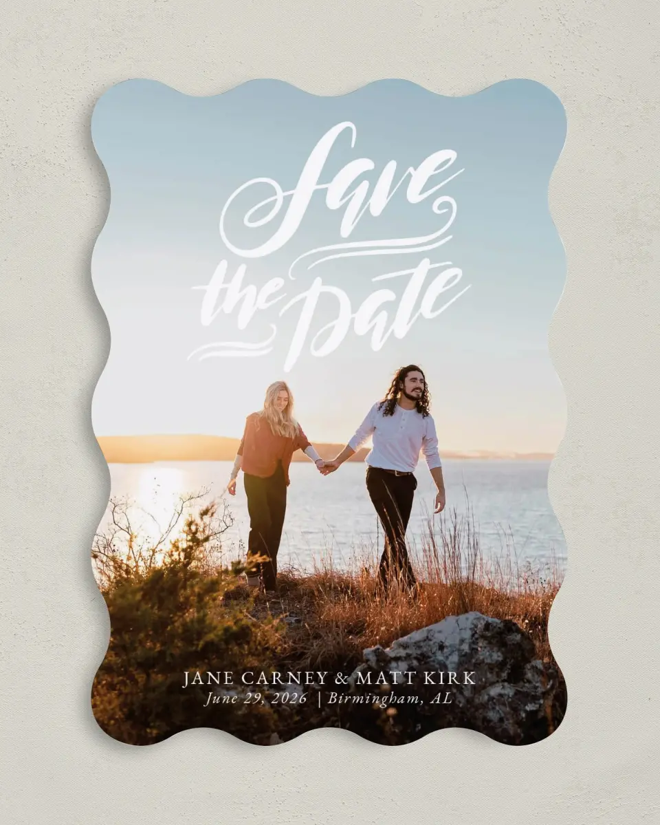 This is a 5" x 7" Save the Date Card called Rooftop Romance printed in full color on Premium Smooth paper