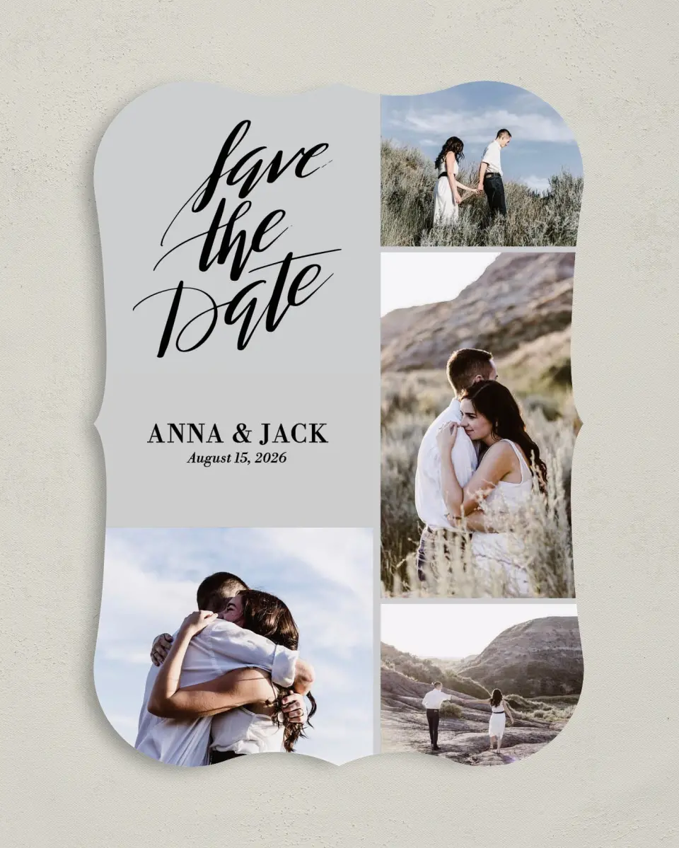 This is a 5" x 7" Save the Date Card called Carefree Love printed in full color on Premium Smooth paper