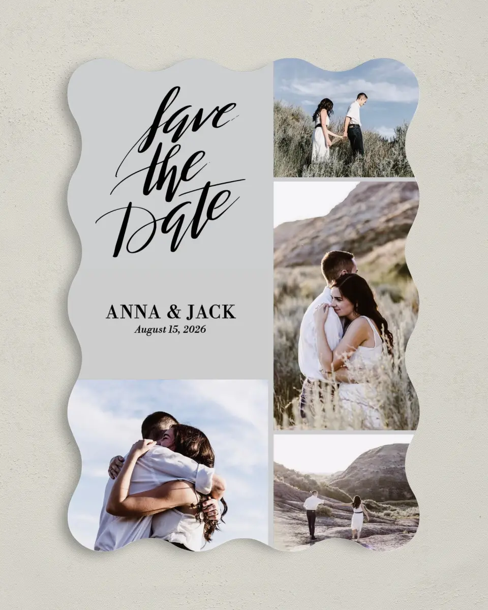 This is a 5" x 7" Save the Date Card called Carefree Love printed in full color on Premium Smooth paper