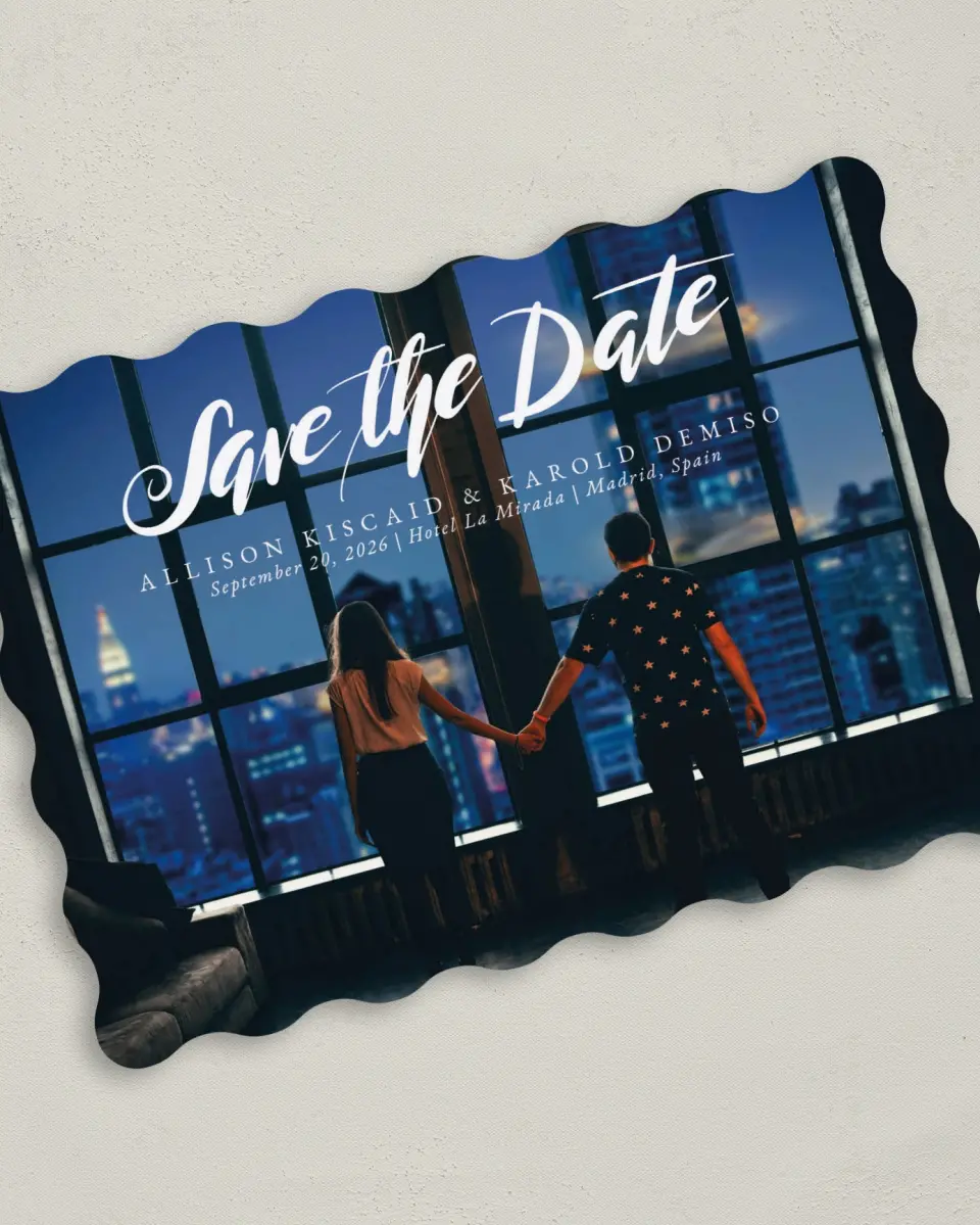 This is a 5" x 7" Save the Date Card called Midnight Reflection printed in full color on Premium Smooth paper