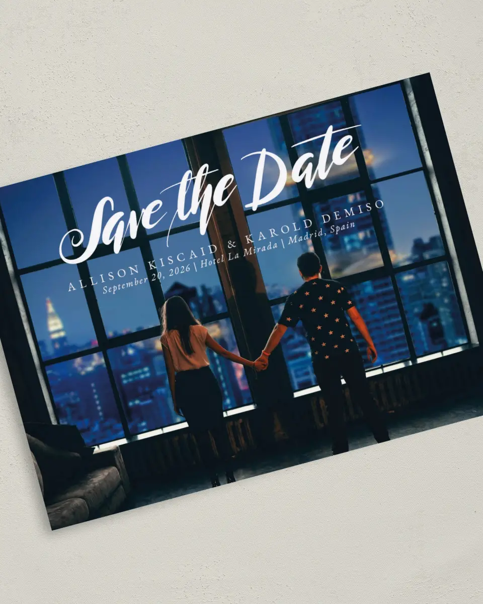 This is a 5" x 7" Save the Date Card called Midnight Reflection printed in full color on Premium Smooth paper