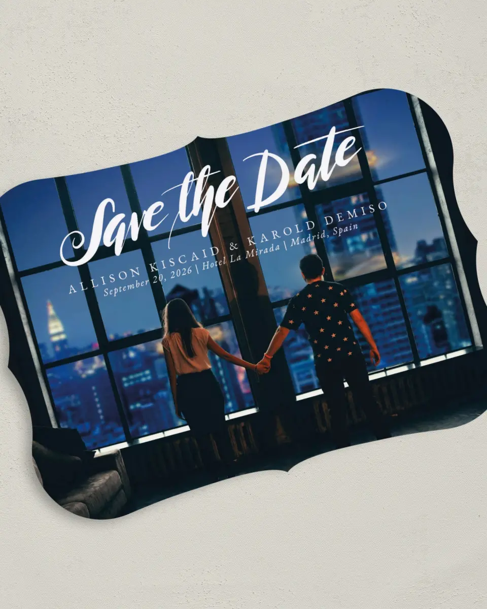 This is a 5" x 7" Save the Date Card called Midnight Reflection printed in full color on Premium Smooth paper