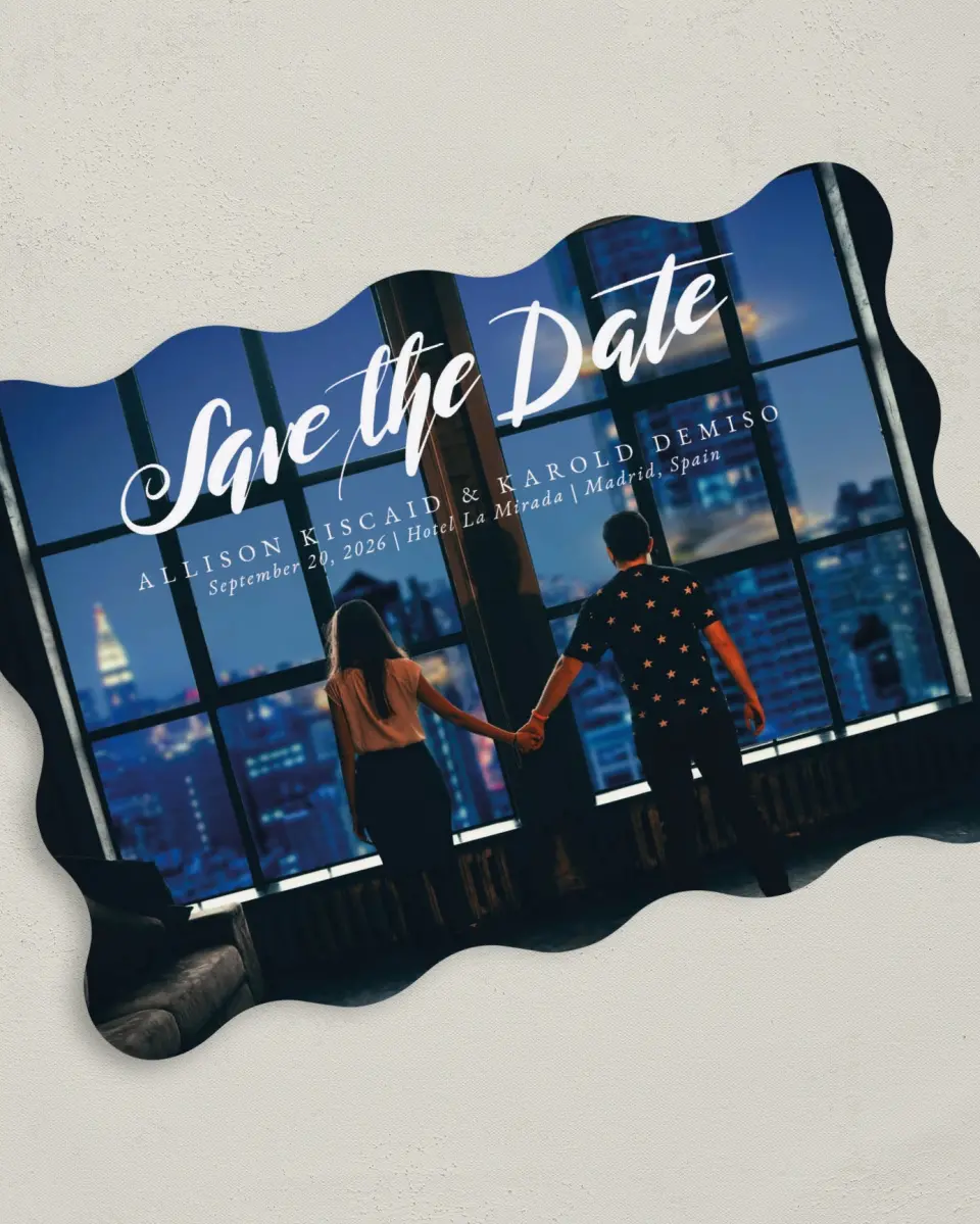 This is a 5" x 7" Save the Date Card called Midnight Reflection printed in full color on Premium Smooth paper