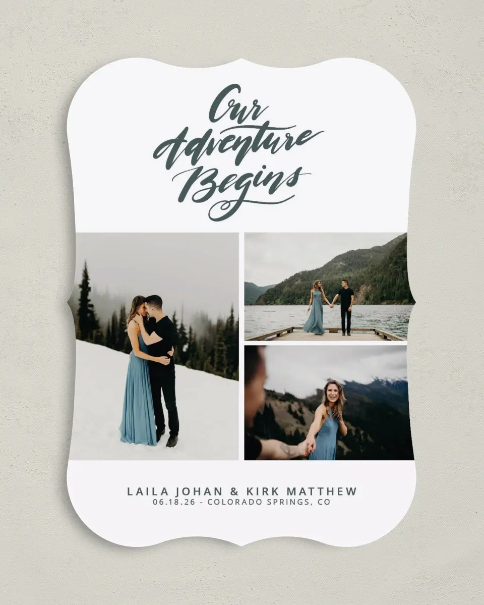 This is a 5" x 7" Save the Date Card called Dream Adventure printed in full color on Premium Smooth paper