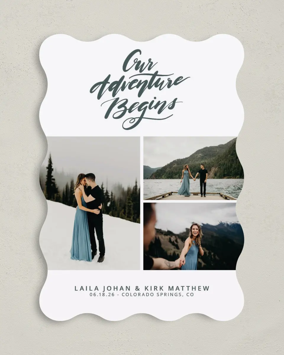 This is a 5" x 7" Save the Date Card called Dream Adventure printed in full color on Premium Smooth paper