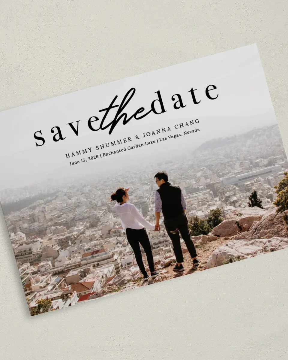 This is a 5" x 7" Save the Date Card called Scenic Whisper printed in full color on Premium Smooth paper