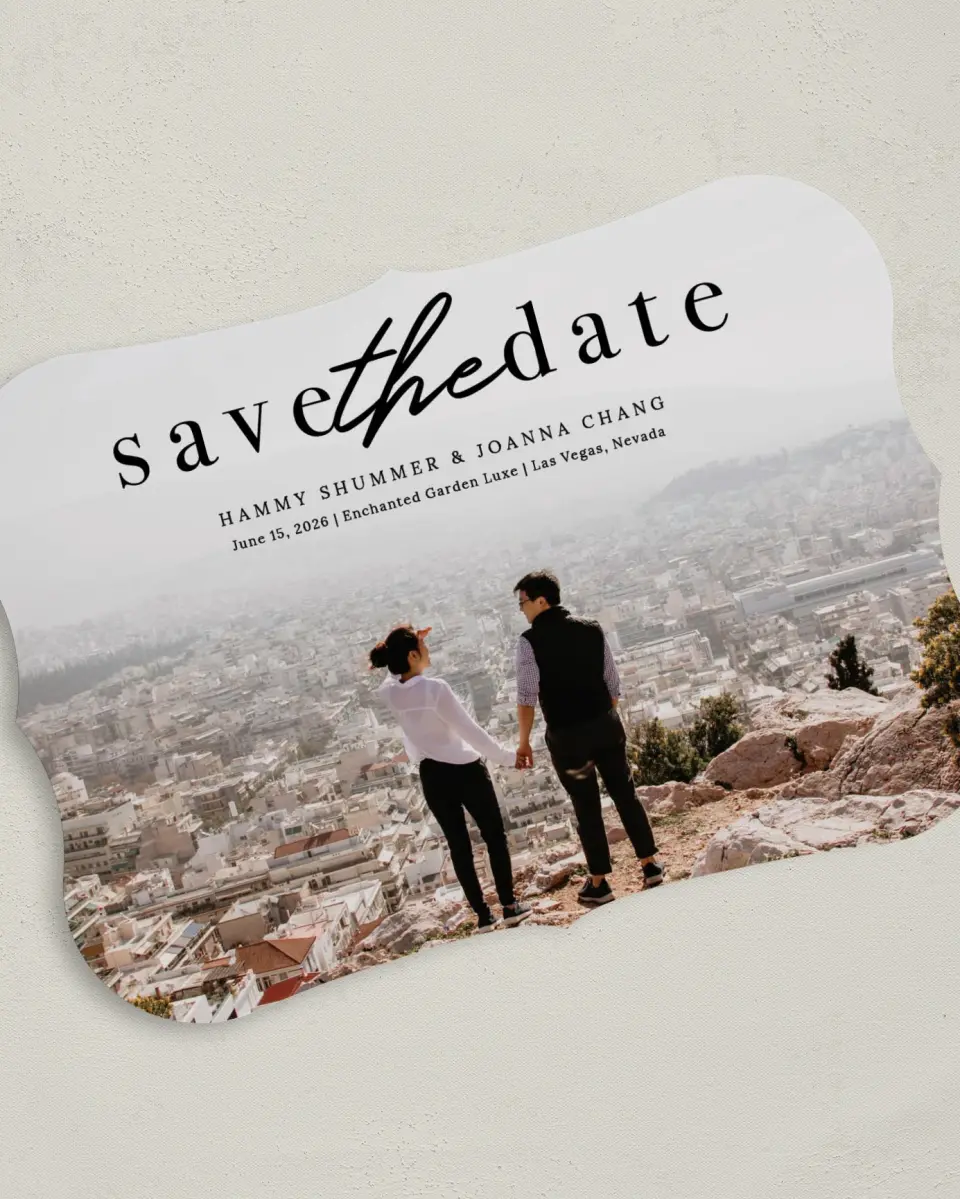 This is a 5" x 7" Save the Date Card called Scenic Whisper printed in full color on Premium Smooth paper