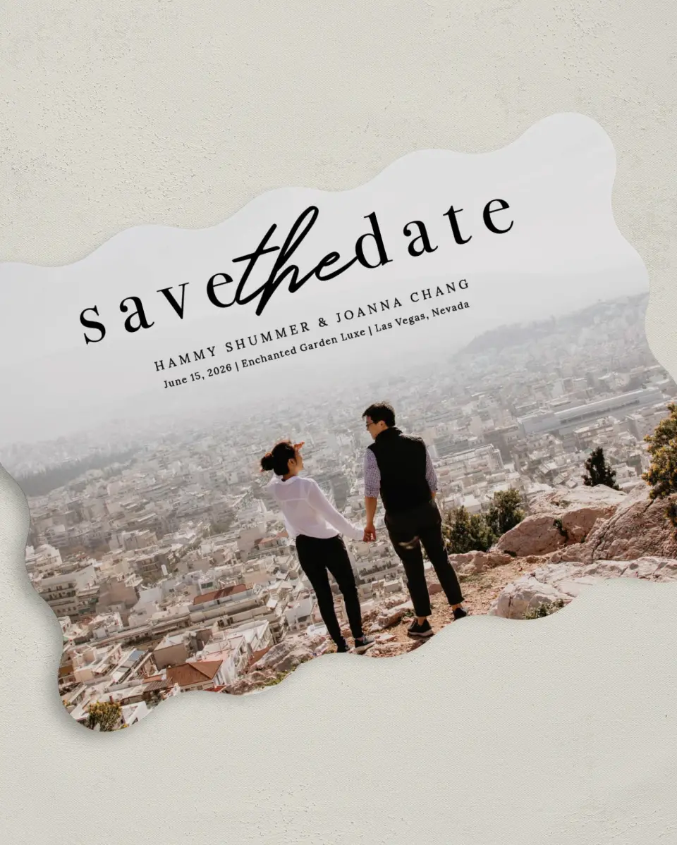 This is a 5" x 7" Save the Date Card called Scenic Whisper printed in full color on Premium Smooth paper