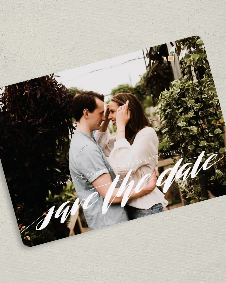 This is a 5" x 7" Save the Date Card called Destination Dream printed in full color on Premium Smooth paper