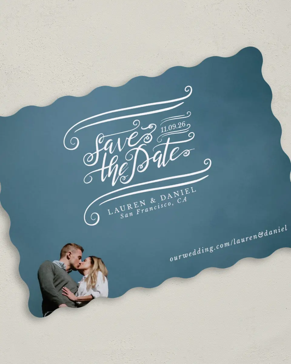 This is a 5" x 7" Save the Date Card called Dizzy in Love printed in full color on Premium Smooth paper