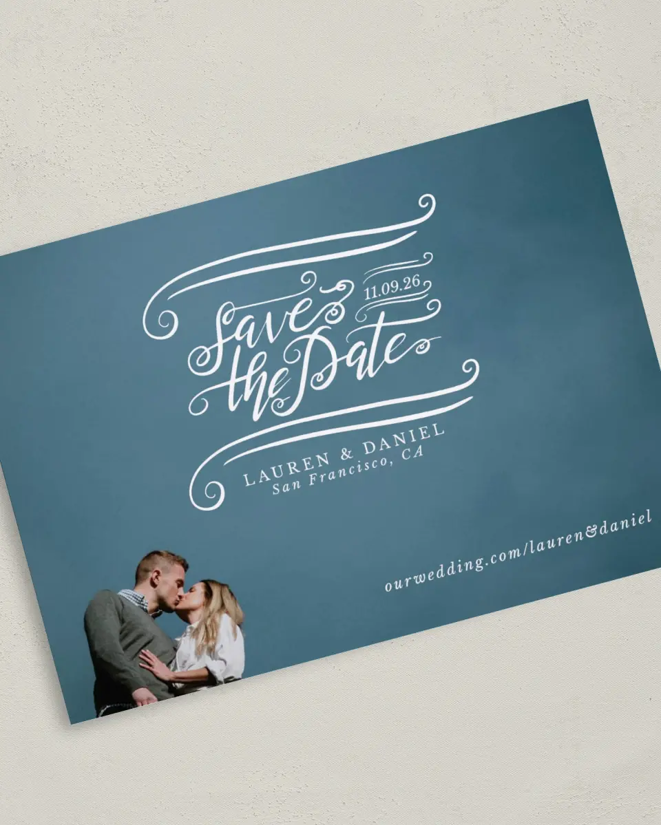 This is a 5" x 7" Save the Date Card called Dizzy in Love printed in full color on Premium Smooth paper