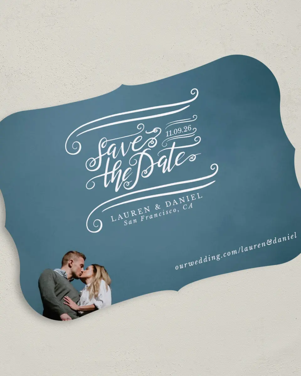 This is a 5" x 7" Save the Date Card called Dizzy in Love printed in full color on Premium Smooth paper