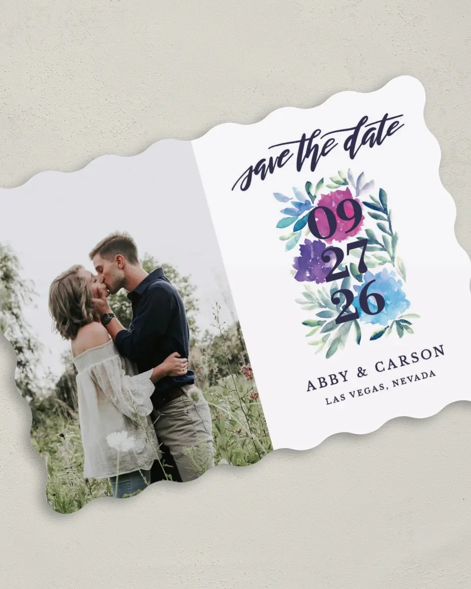 This is a 5" x 7" Save the Date Card called Kissing Charm printed in full color on Premium Smooth paper