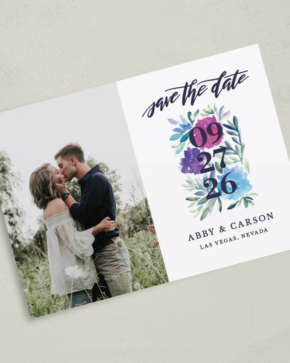 This is a 5" x 7" Save the Date Card called Kissing Charm printed in full color on Premium Smooth paper