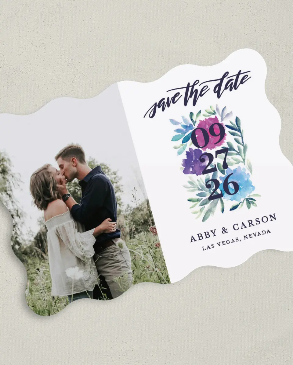 This is a 5" x 7" Save the Date Card called Kissing Charm printed in full color on Premium Smooth paper