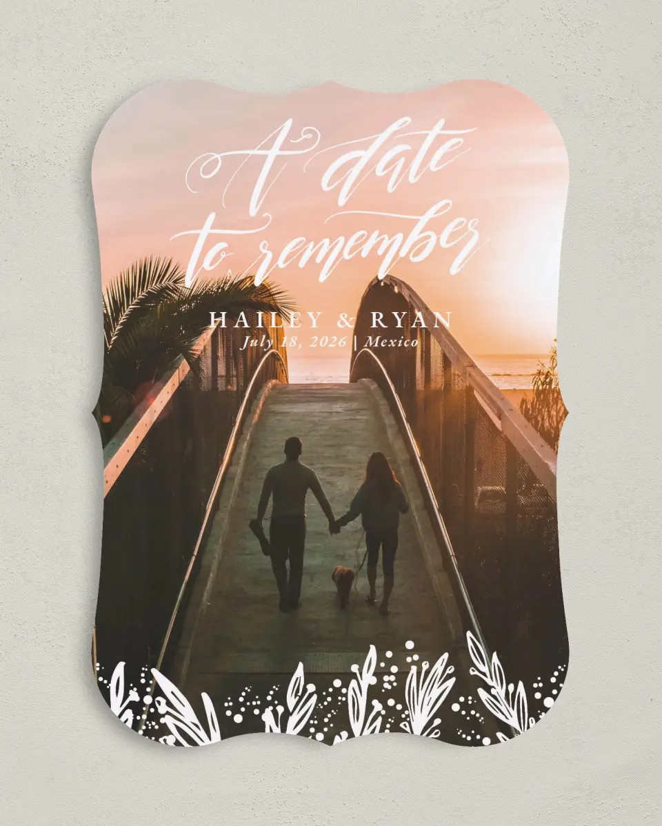 This is a 5" x 7" Save the Date Card called Sunset Dream printed in full color on Premium Smooth paper