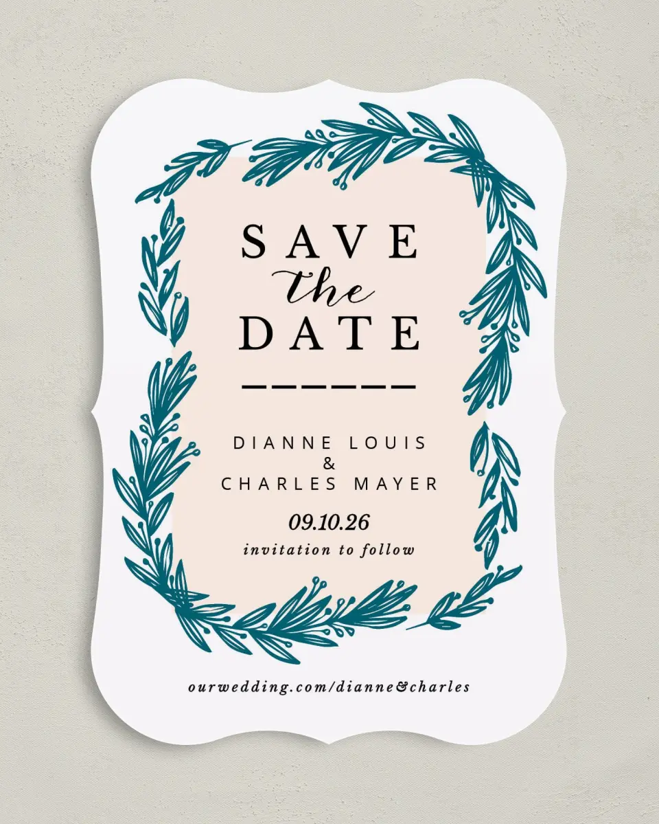 This is a 5" x 7" Save the Date Card called Lovely Leaves printed in full color on Premium Smooth paper